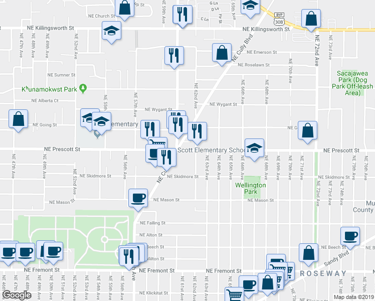 map of restaurants, bars, coffee shops, grocery stores, and more near 4425 Northeast 62nd Avenue in Portland