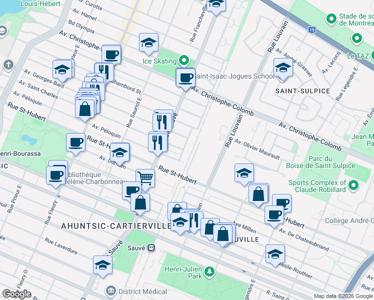 map of restaurants, bars, coffee shops, grocery stores, and more near 1000 Rue de Port-Royal Est in Montréal