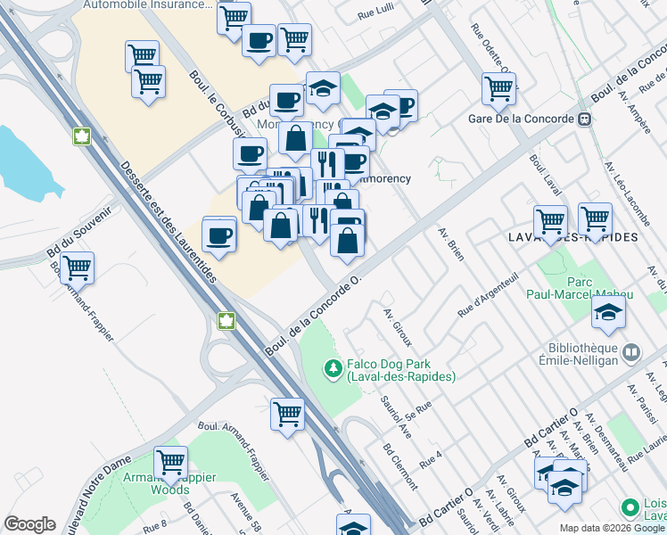 map of restaurants, bars, coffee shops, grocery stores, and more near 249 Boulevard de la Concorde Ouest in Laval