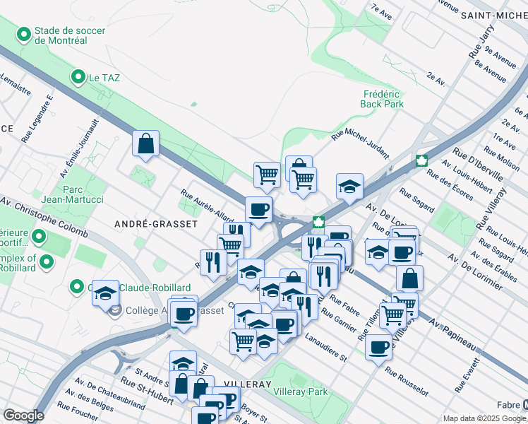map of restaurants, bars, coffee shops, grocery stores, and more near Avenue Papineau in Montréal