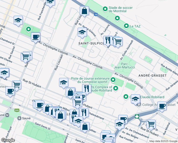 map of restaurants, bars, coffee shops, grocery stores, and more near 1103 Avenue Berthe Louard in Montreal