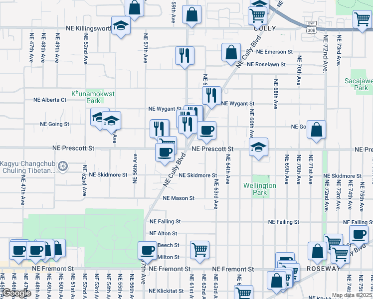 map of restaurants, bars, coffee shops, grocery stores, and more near NE Prescott St & NE 60th Ave in Portland