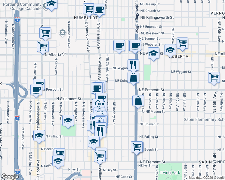 map of restaurants, bars, coffee shops, grocery stores, and more near 4493 Northeast Rodney Avenue in Portland