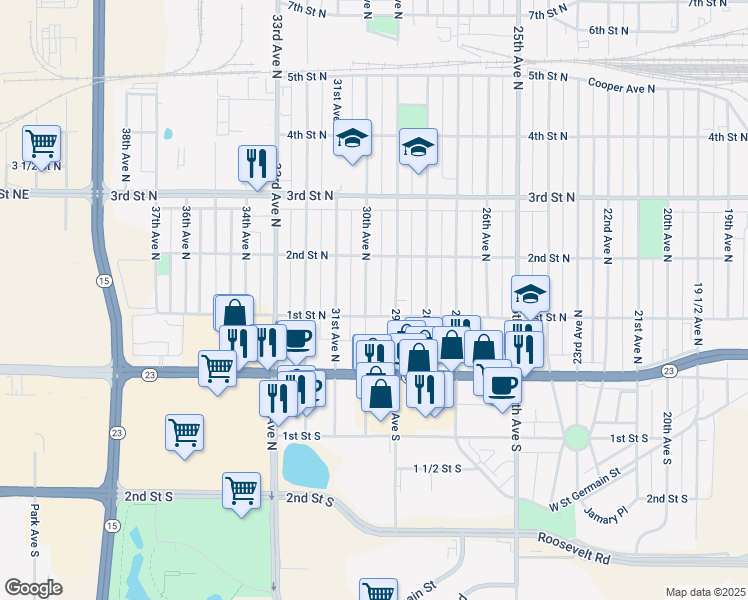 map of restaurants, bars, coffee shops, grocery stores, and more near 114 30th Avenue North in Saint Cloud