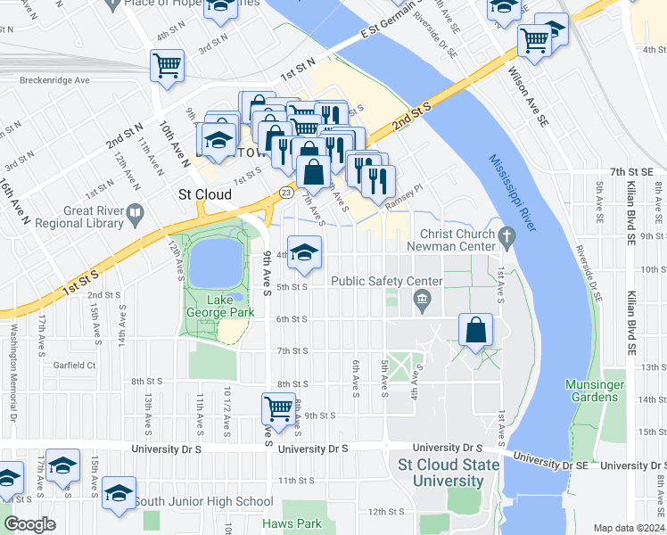 map of restaurants, bars, coffee shops, grocery stores, and more near 412 7th Avenue South in St. Cloud