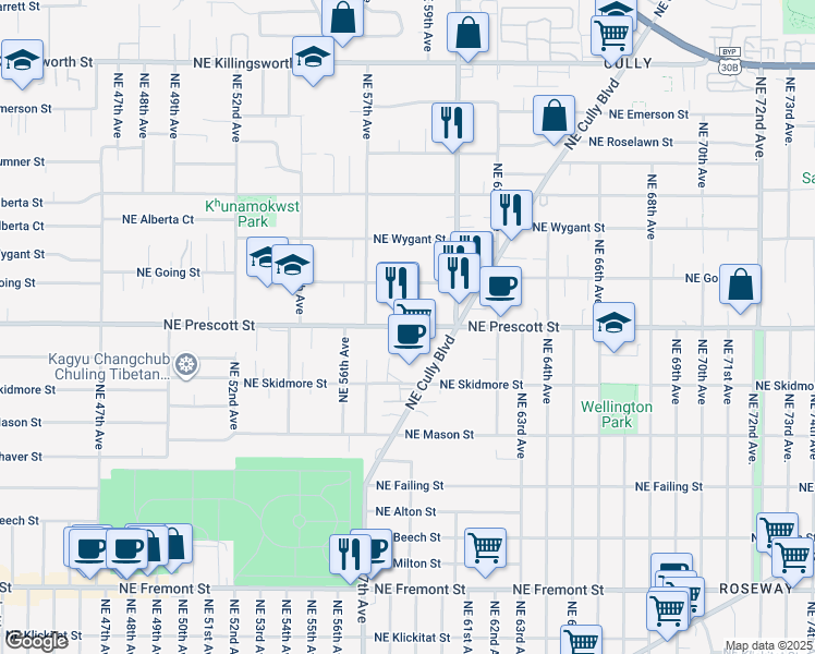 map of restaurants, bars, coffee shops, grocery stores, and more near 5825 Northeast Prescott Street in Portland