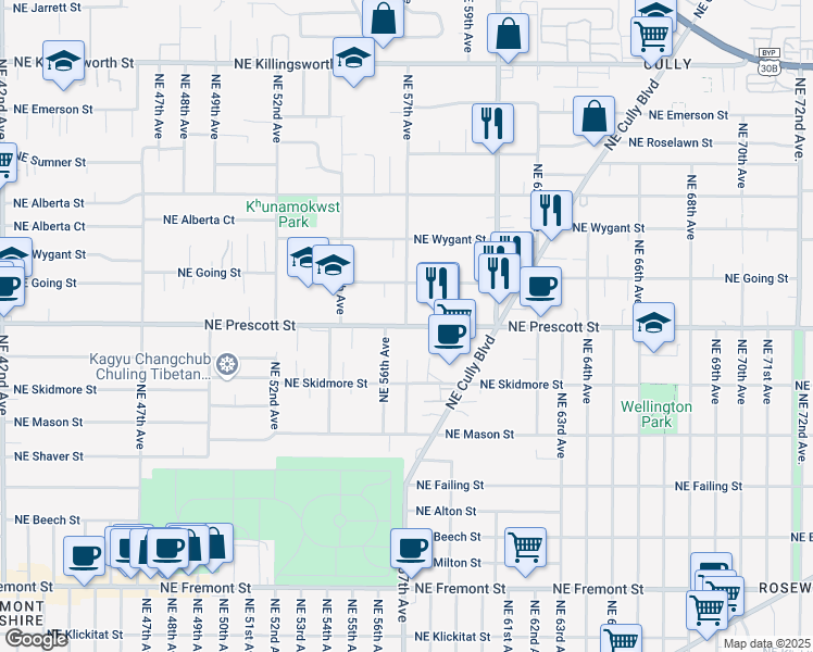 map of restaurants, bars, coffee shops, grocery stores, and more near Northeast Prescott Street & Northeast 57th Avenue in Portland
