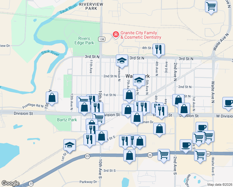 map of restaurants, bars, coffee shops, grocery stores, and more near 43 8th Avenue in Waite Park