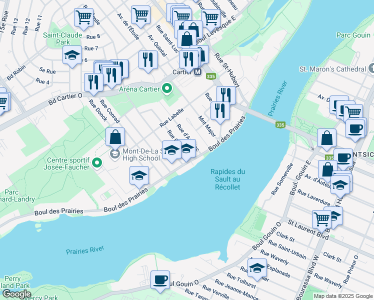 map of restaurants, bars, coffee shops, grocery stores, and more near 9 Rue Guilbault in Laval