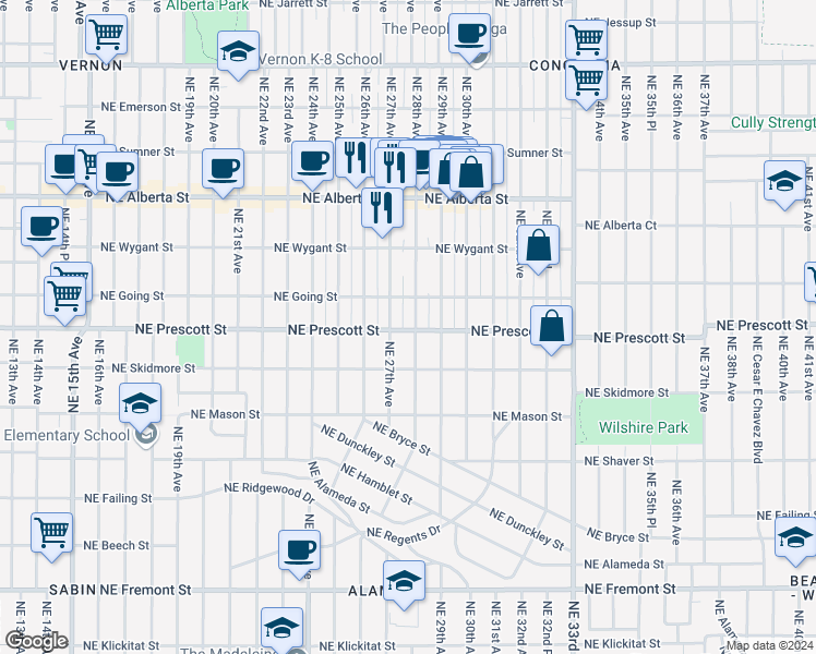 map of restaurants, bars, coffee shops, grocery stores, and more near 4403 Northeast 28th Avenue in Portland