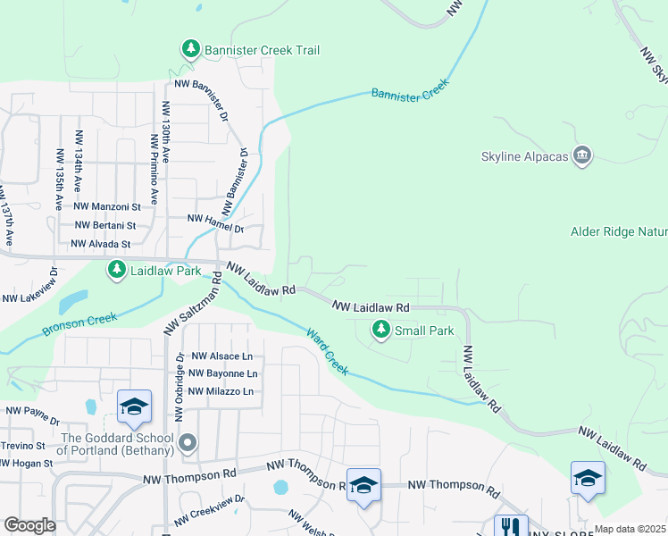 map of restaurants, bars, coffee shops, grocery stores, and more near 12215 NW Laidlaw Rd in Portland
