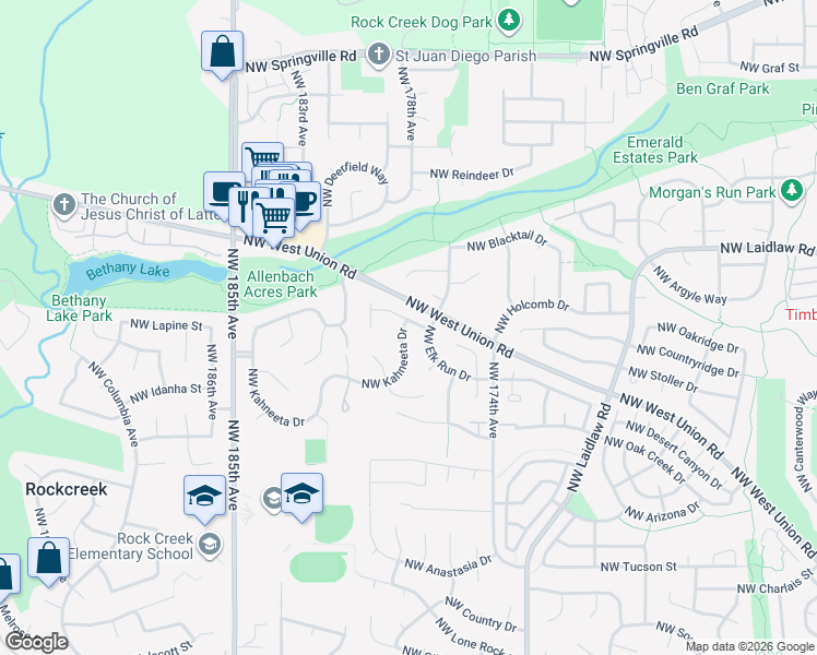 map of restaurants, bars, coffee shops, grocery stores, and more near 4435 Northwest Kahneeta Drive in Portland