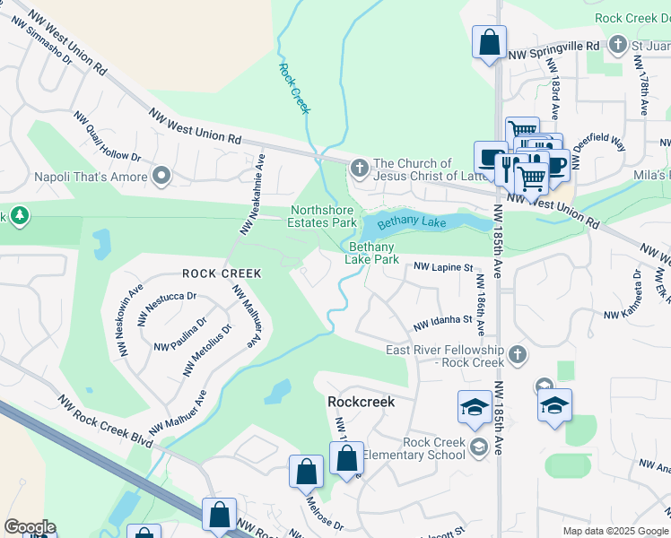 map of restaurants, bars, coffee shops, grocery stores, and more near 5180 Northwest Neakahnie Avenue in Portland