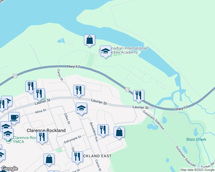 map of restaurants, bars, coffee shops, grocery stores, and more near 521 Robert Street in Clarence-Rockland