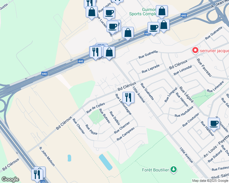 map of restaurants, bars, coffee shops, grocery stores, and more near Boulevard Cléroux in Laval
