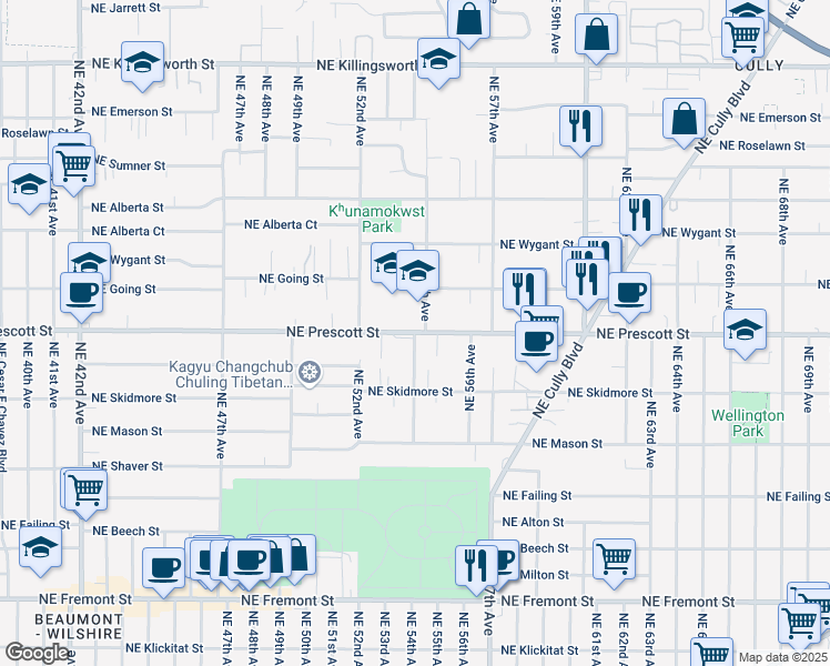 map of restaurants, bars, coffee shops, grocery stores, and more near 5401 Northeast Prescott Street in Portland