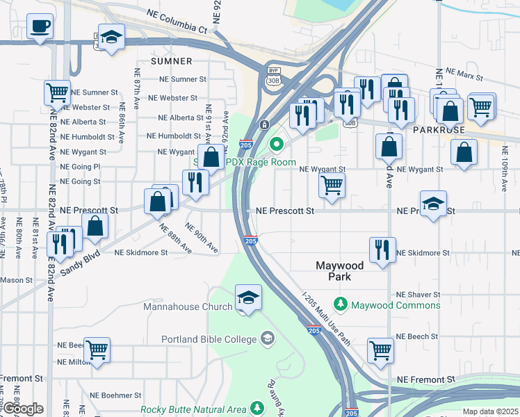 map of restaurants, bars, coffee shops, grocery stores, and more near 9403 Northeast Prescott Street in Portland