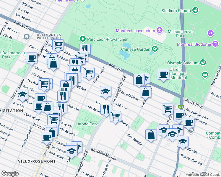 map of restaurants, bars, coffee shops, grocery stores, and more near 5050 Avenue d'Orléans in Montréal