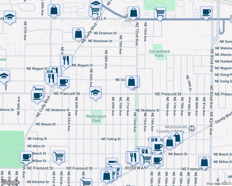 map of restaurants, bars, coffee shops, grocery stores, and more near 6907 Northeast Prescott Street in Portland