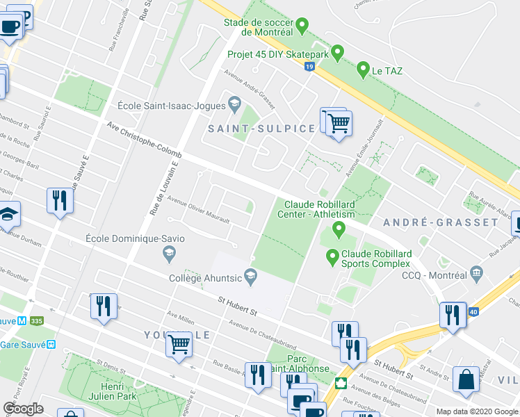map of restaurants, bars, coffee shops, grocery stores, and more near 1103 Avenue Berthe Louard in Montréal