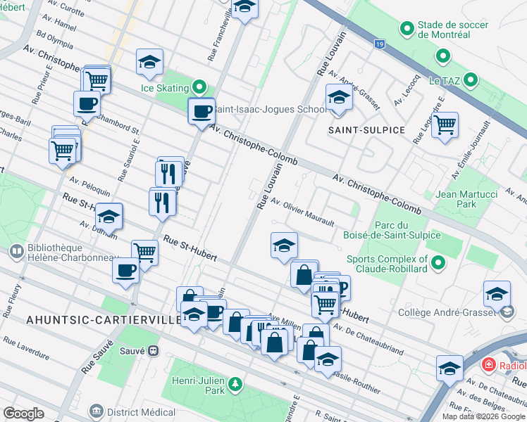 map of restaurants, bars, coffee shops, grocery stores, and more near 1014 Rue de Louvain Est in Montréal