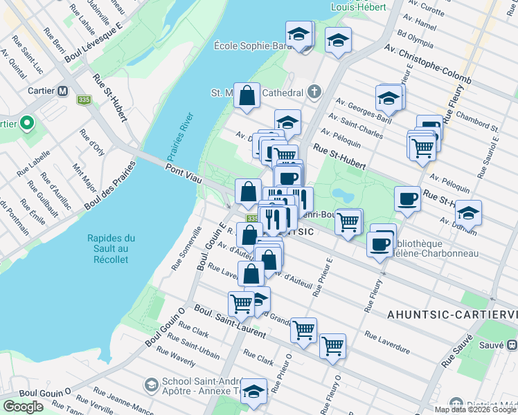 map of restaurants, bars, coffee shops, grocery stores, and more near 10794 Rue Lajeunesse in Montréal