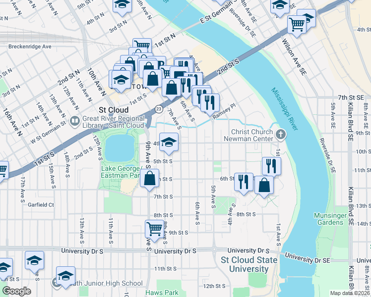 map of restaurants, bars, coffee shops, grocery stores, and more near 425 6th Avenue South in St. Cloud