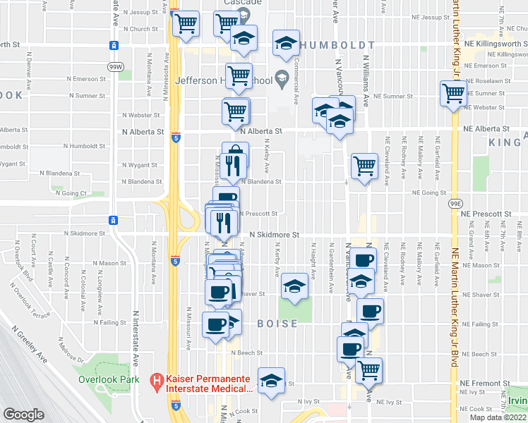 map of restaurants, bars, coffee shops, grocery stores, and more near 4505 North Kerby Avenue in Portland
