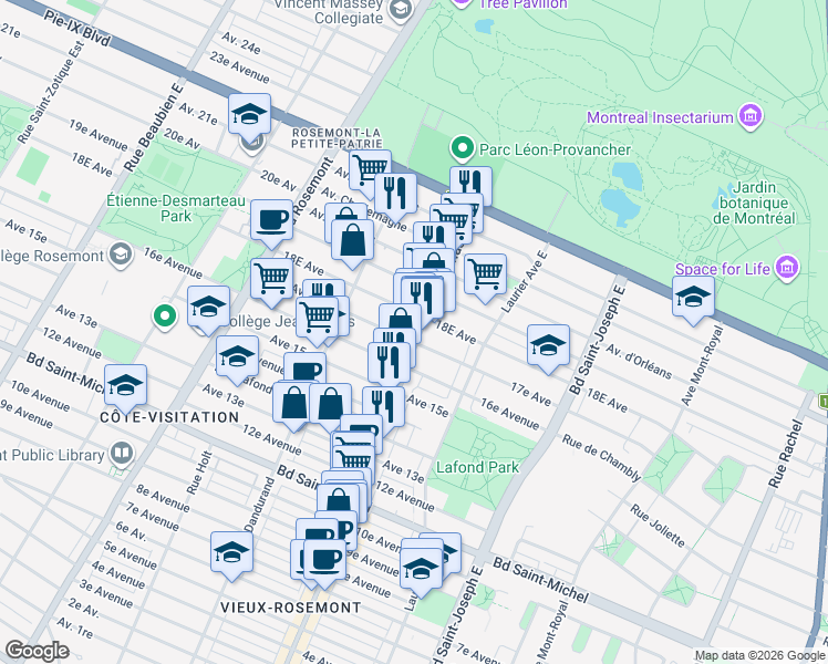 map of restaurants, bars, coffee shops, grocery stores, and more near 3745 Rue Masson in Montréal