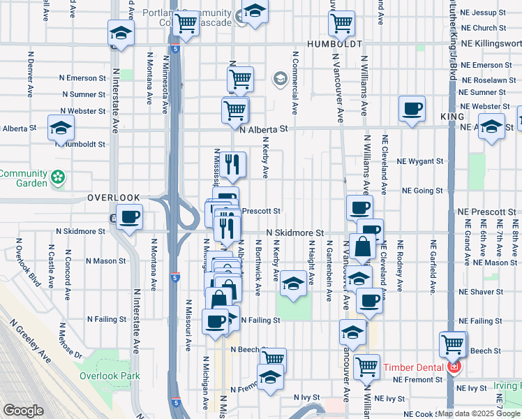 map of restaurants, bars, coffee shops, grocery stores, and more near 4505 North Kerby Avenue in Portland