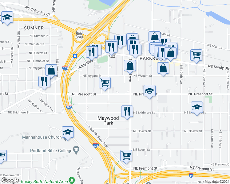 map of restaurants, bars, coffee shops, grocery stores, and more near 9943 Northeast Prescott Street in Portland