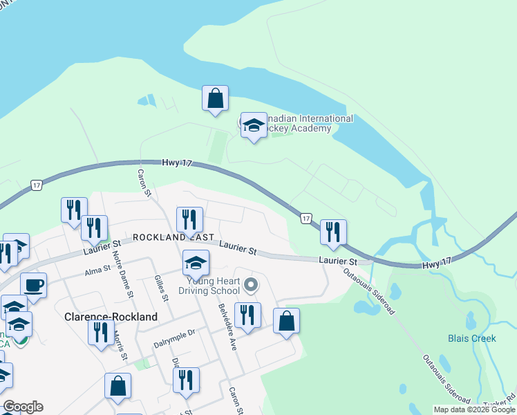 map of restaurants, bars, coffee shops, grocery stores, and more near 424 Yves Street in Clarence-Rockland