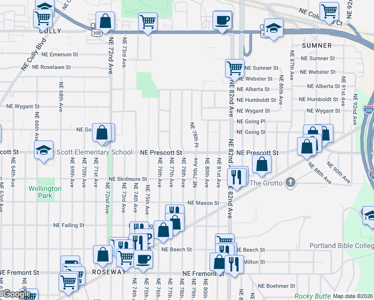 map of restaurants, bars, coffee shops, grocery stores, and more near 4429 Northeast 78th Avenue in Portland