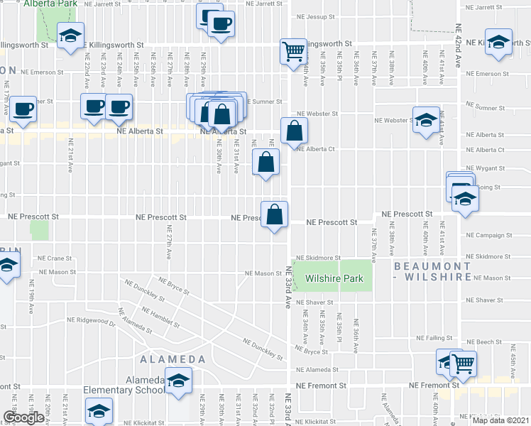 map of restaurants, bars, coffee shops, grocery stores, and more near 4404 Northeast 32nd Avenue in Portland
