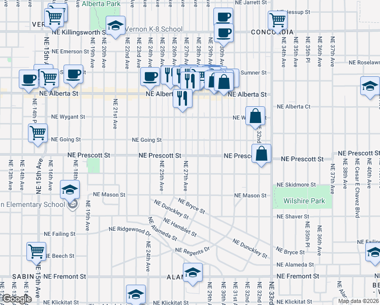 map of restaurants, bars, coffee shops, grocery stores, and more near 4403 Northeast 28th Avenue in Portland