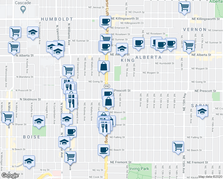 map of restaurants, bars, coffee shops, grocery stores, and more near 4401 Northeast Grand Avenue in Portland