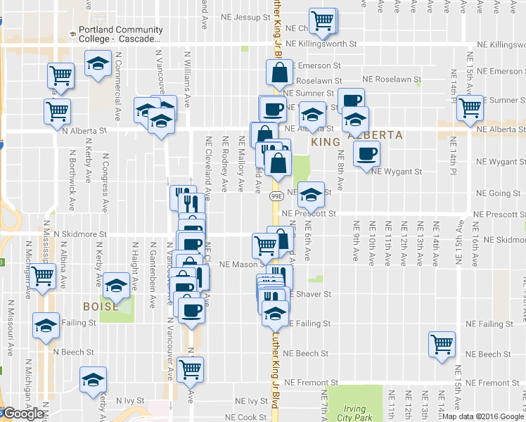 map of restaurants, bars, coffee shops, grocery stores, and more near 4329 Northeast Garfield Avenue in Portland