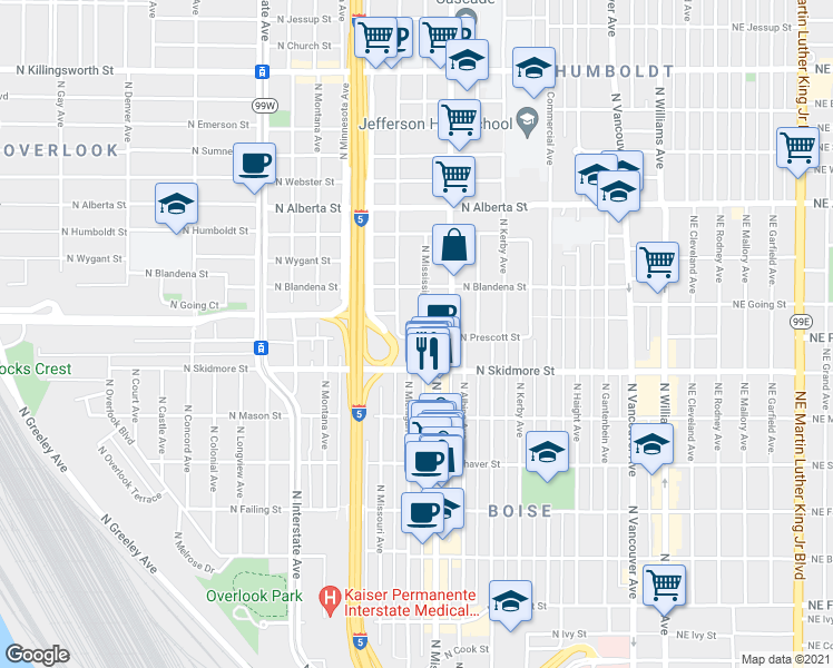 map of restaurants, bars, coffee shops, grocery stores, and more near 4322 North Mississippi Avenue in Portland