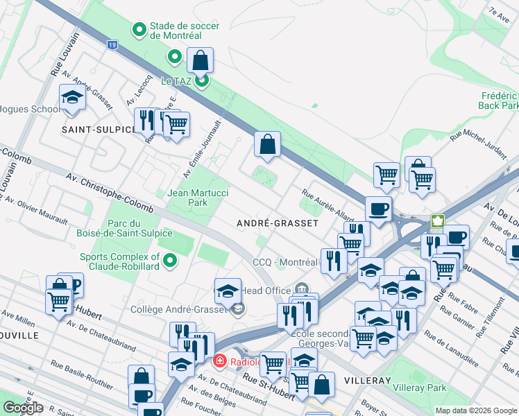 map of restaurants, bars, coffee shops, grocery stores, and more near 8720 Avenue André-Grasset in Montréal