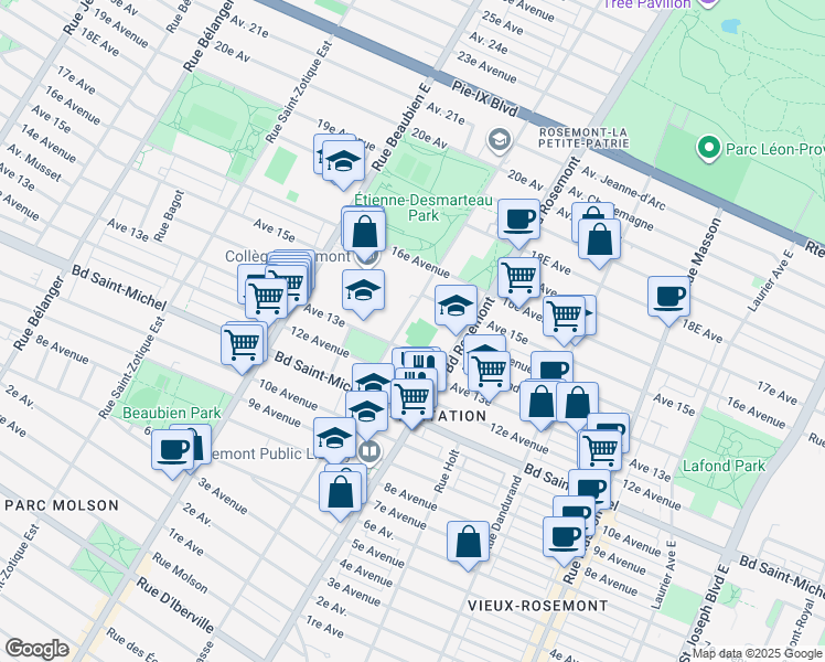 map of restaurants, bars, coffee shops, grocery stores, and more near 3430 Rue de Bellechasse in Montréal