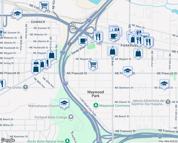 map of restaurants, bars, coffee shops, grocery stores, and more near 9724 Northeast Prescott Street in Portland