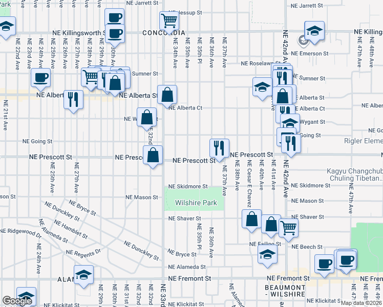map of restaurants, bars, coffee shops, grocery stores, and more near 4443 Northeast 35th Place in Portland