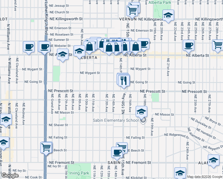 map of restaurants, bars, coffee shops, grocery stores, and more near 4335 Northeast 14th Avenue in Portland