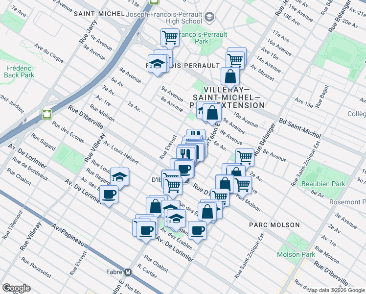 map of restaurants, bars, coffee shops, grocery stores, and more near 7249 Avenue 1re in Montréal