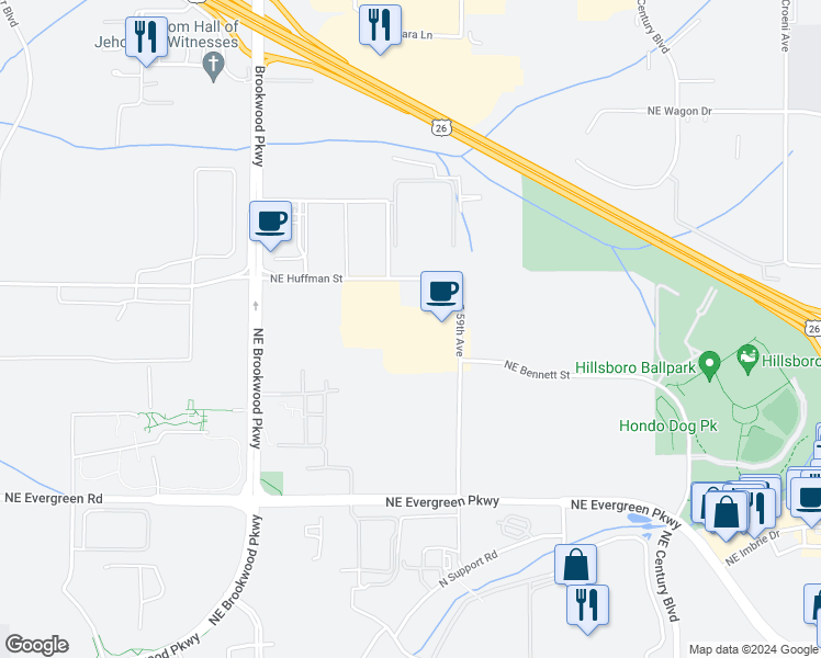 map of restaurants, bars, coffee shops, grocery stores, and more near 4837 Northeast 235th Avenue in Hillsboro