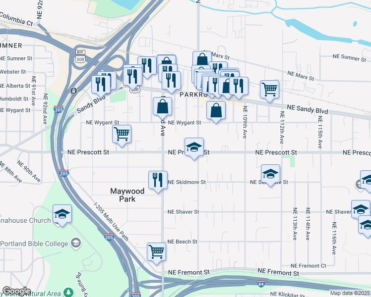 map of restaurants, bars, coffee shops, grocery stores, and more near 10339 Northeast Prescott Street in Portland