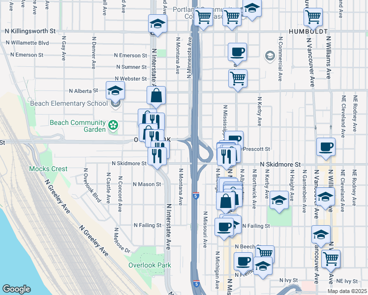 map of restaurants, bars, coffee shops, grocery stores, and more near 1235 North Prescott Street in Portland