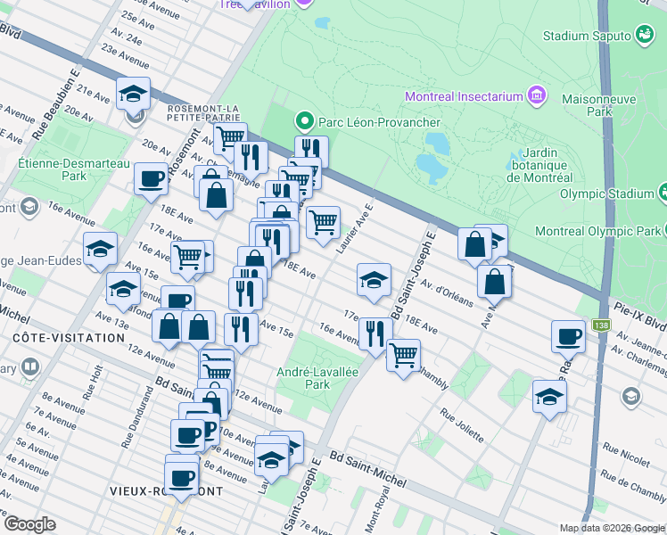 map of restaurants, bars, coffee shops, grocery stores, and more near 5190 Avenue Bourbonnière in Montréal