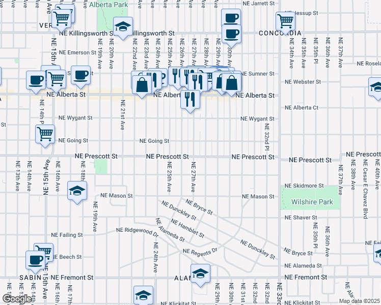 map of restaurants, bars, coffee shops, grocery stores, and more near 2707 Northeast Skidmore Street in Portland