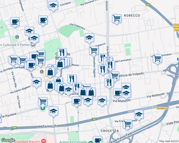 map of restaurants, bars, coffee shops, grocery stores, and more near 9 Via Grazia Deledda in Cinisello Balsamo